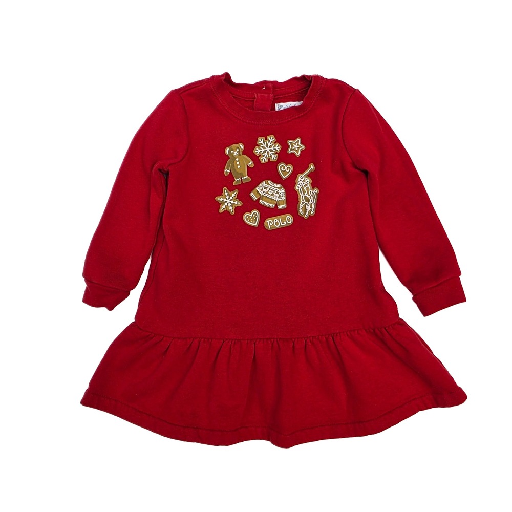 Polo Ralph Lauren Baby Girl Dress 12M Red Gingerbread Christmas Fleece Holiday